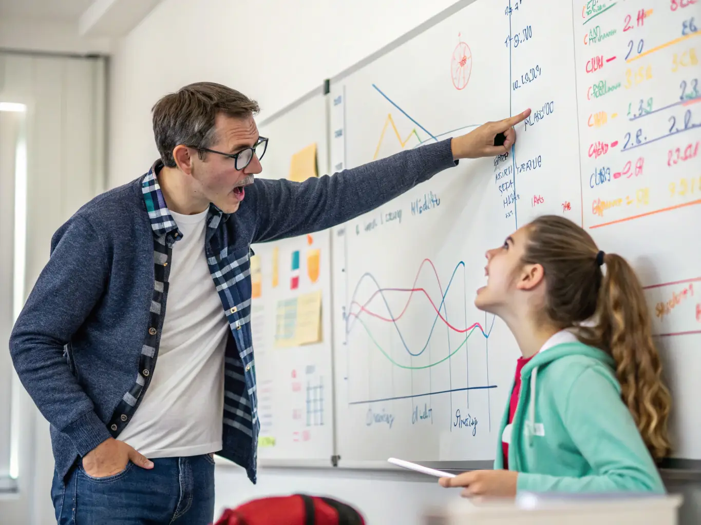 A tutor is explaining a complex statistical concept to a PhD student using a whiteboard filled with equations and graphs. The student is actively engaged and asking questions.