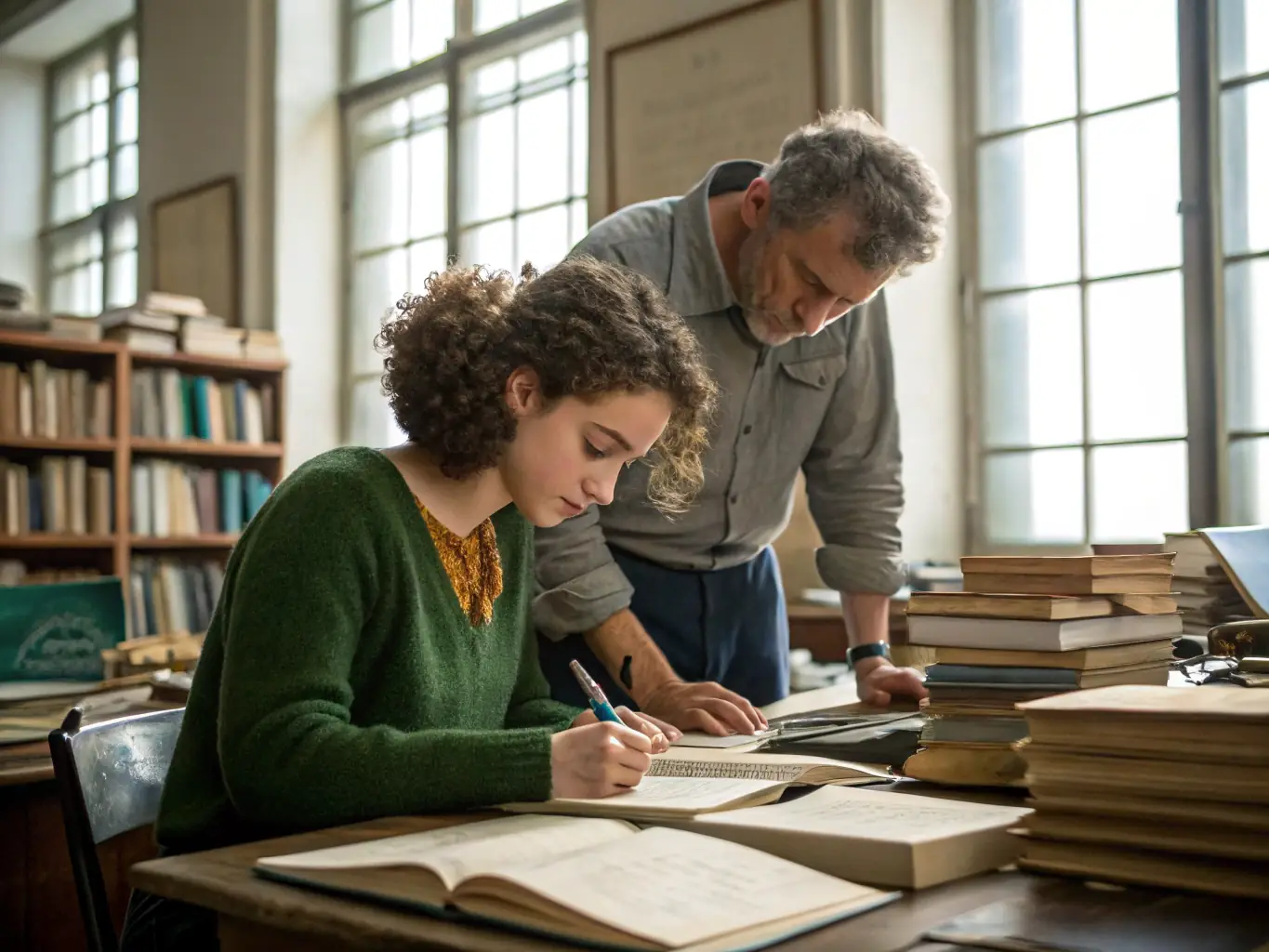 A PhD student and a tutor are working together at a desk, surrounded by books and research papers, in a well-lit study room. The atmosphere is collaborative and focused.