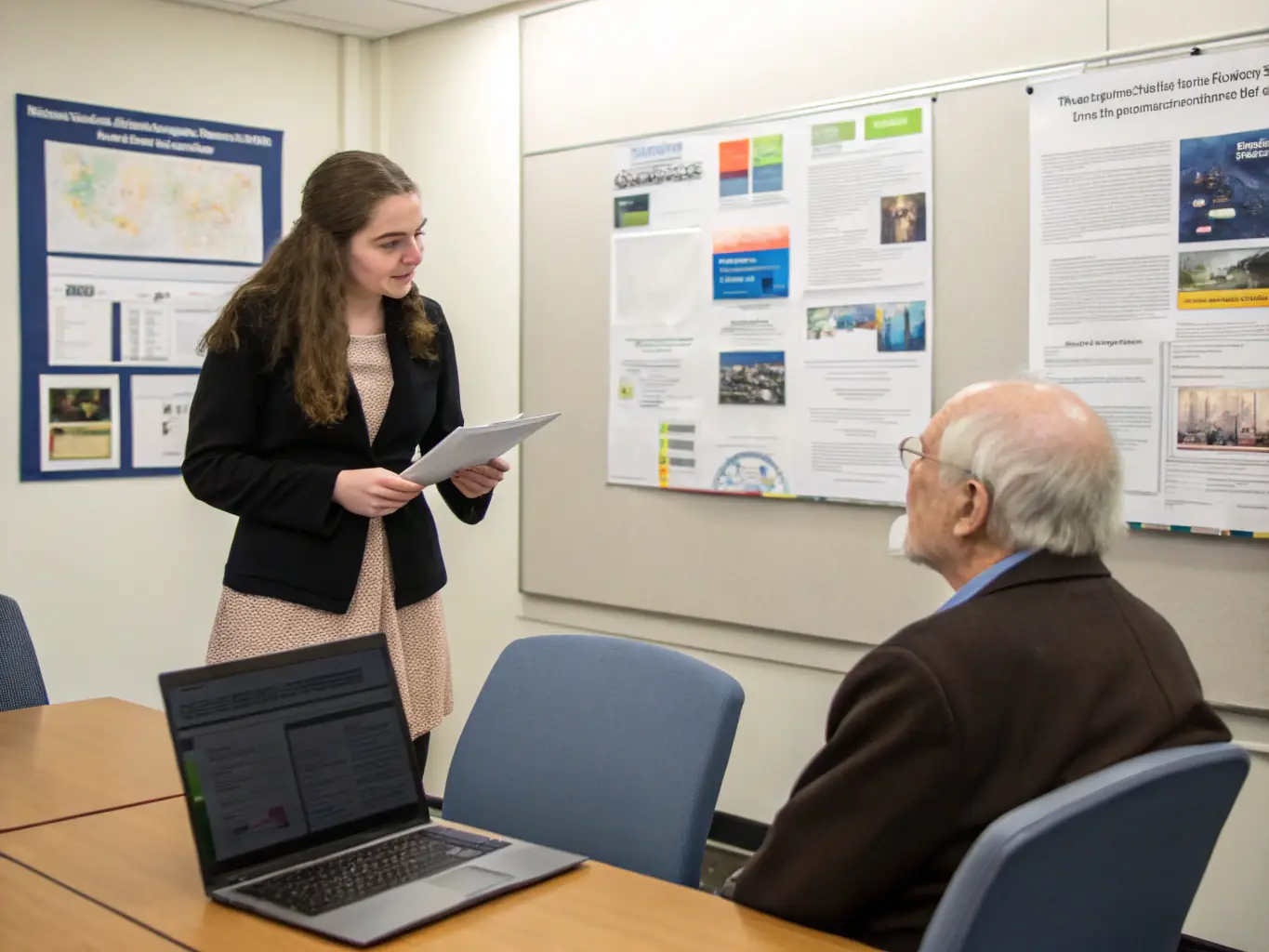 A PhD student is presenting their thesis proposal to a tutor, who is providing constructive feedback and guidance on how to improve the structure and content of the presentation.