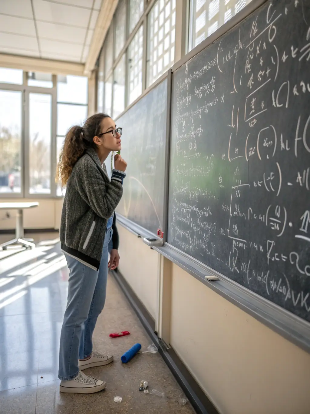 A PhD student working on a complex equation during a face-to-face tutoring session with a Professonaltutors tutor, focusing on advanced mathematics.